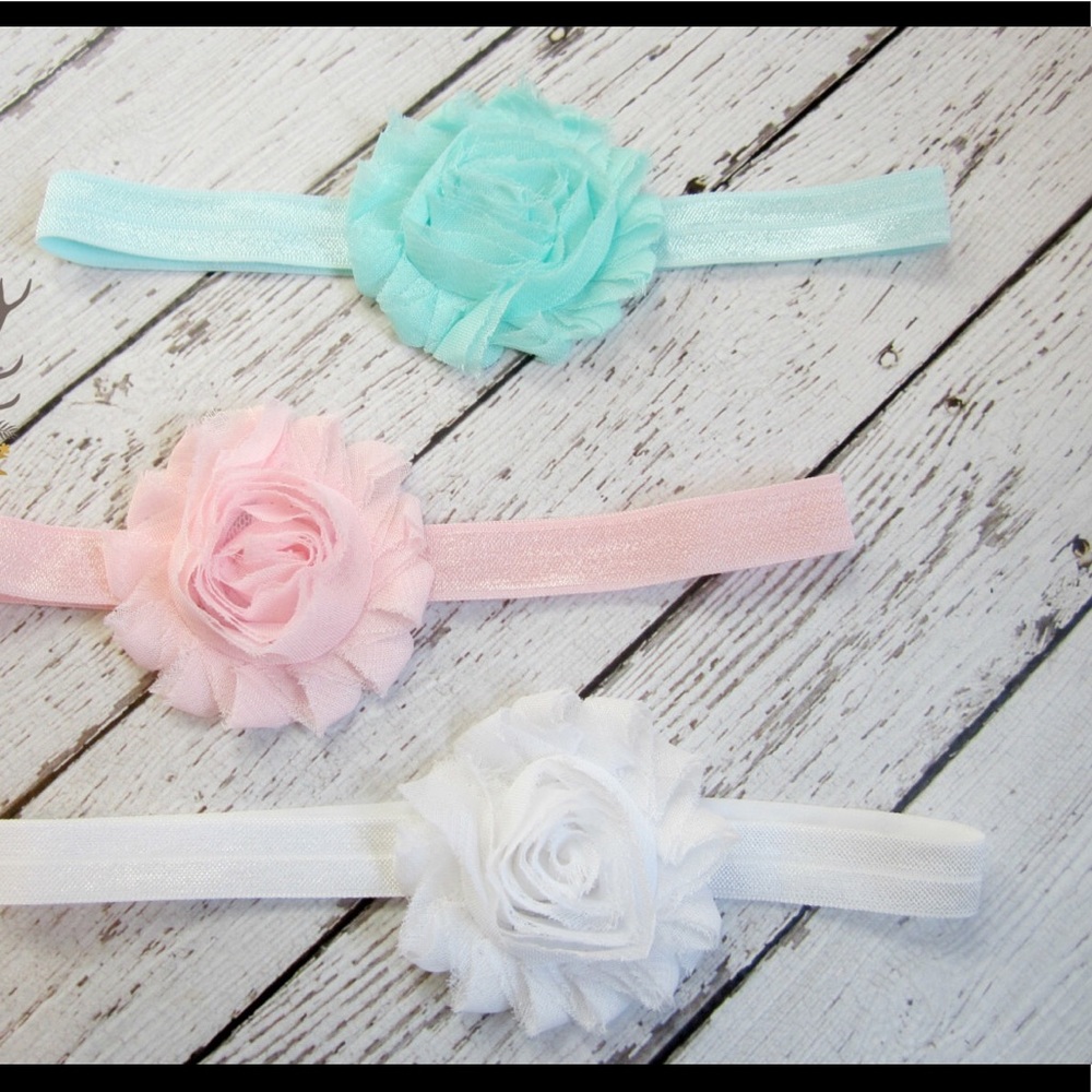 3 piece headband set - White aqua pink - elastic with flower